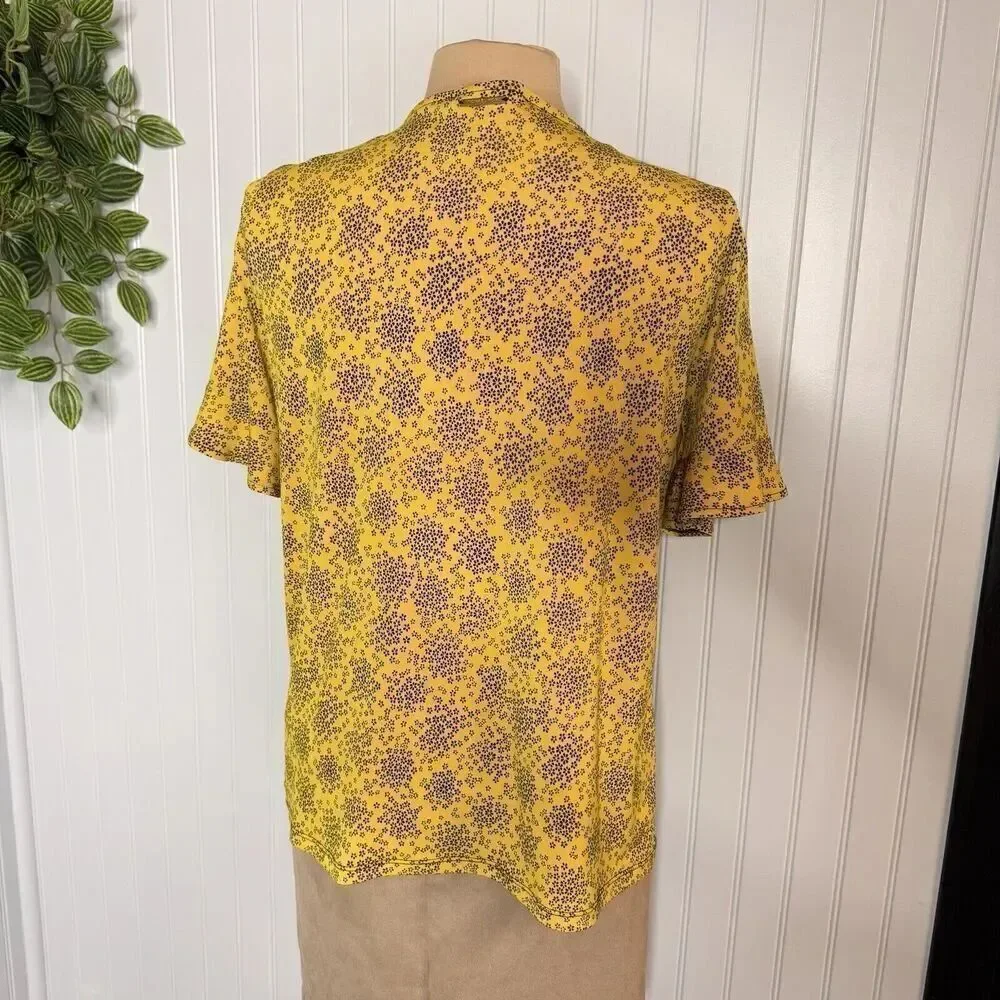 Michael Kors Sz M Floral Tie Flare Sleeve Popover Tunic Blouse Shirt Gold HW
